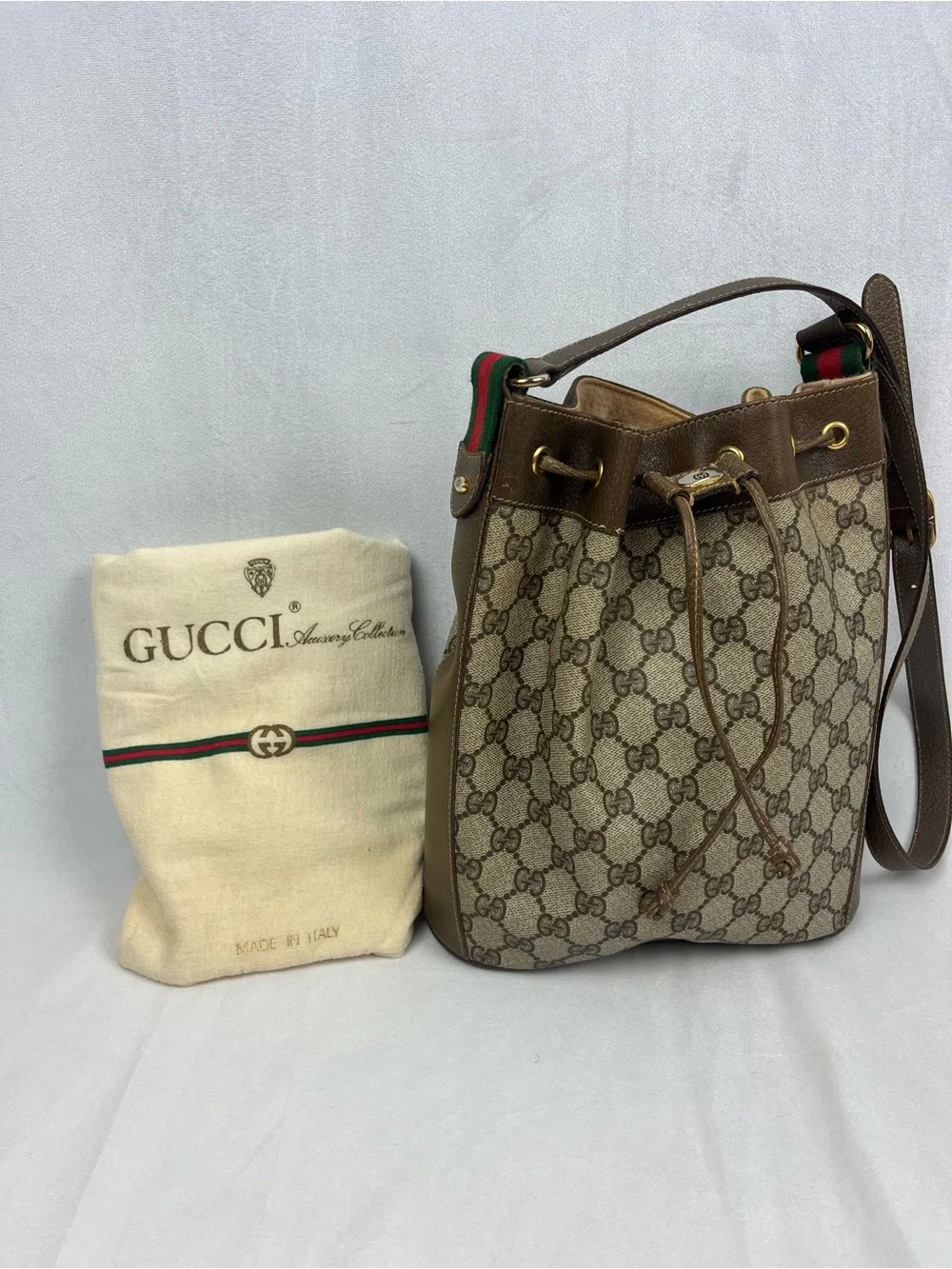 GUCCI Sherry Line Drawstring Shoulder Bag & Dustbag GG Brown Monogram VTG Italy - Picture 1 of 16